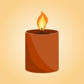 Aromatic candles flat vector illustration. Burning decorative brown wax candles isolated clipart on brown background.