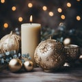 A candle against the background of New Year\'s decor made of balls and garlands. Royalty Free Stock Photo