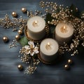 A candle against the background of New Year\'s decor made of balls and garlands. Royalty Free Stock Photo