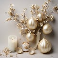 A candle against the background of New Year\'s decor made of balls and garlands. Royalty Free Stock Photo