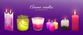 Candle aroma flaming realistic vector illustration. Wax aromatic candles set.