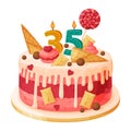 Candle on birthday cake with 35 number age. Festive dessert burning number shaped candle cartoon vector illustration Royalty Free Stock Photo