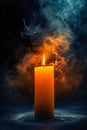 Candle with bright yellow flame burning in the dark. Generative AI Royalty Free Stock Photo