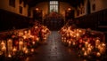 Candle burning on altar illuminates dark chapel for religious ceremony generated by AI