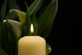 Candle burning flame in the darkness and arum lilies