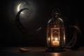 Candle burning inside a beautiful lantern at night time. Arabian-style lamp illustration with a blurry background and moon Royalty Free Stock Photo