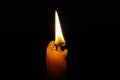 The candle burns in the dark. A yellow wax candle burns with a bright flame in absolute darkness. Close-up. Fire in the night Royalty Free Stock Photo