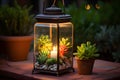 Candle burns inside a glass lantern. AI Generated