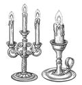 Candle on candlestick burning in vintage engraving style. Candelabrum sketch vector illustration