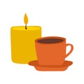 Candle with cup of hot drink tea coffee illustration. Thanksgiving autumnal decorative element