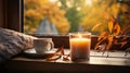 Candle and mug resting on window sill with a fall mountain country veiw - generative AI