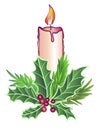 Candle with decor. Christmas burning, wax candle decorated with evergreens - spruce, holly, rosemary. Fragrant festive, traditiona