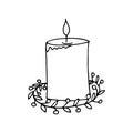 Candle decorated with a wreath of berries and leaves icon, sticker. sketch hand drawn doodle. vector scandinavian monochrome