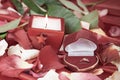 Candle and a diamond ring on a background of rose petals