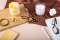 Candle, diary on the table. Top view, flat lay Royalty Free Stock Photo