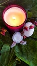 Candle and lavender cream with dried roses Royalty Free Stock Photo