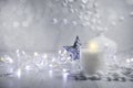 Candle, festive garland burning   interior  decoration   christmas background flame Royalty Free Stock Photo