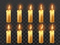 Candle fire animation. Burning orange wax candles, candlelight flame and animated fire flames isolated realistic vector