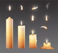 Candle fire set. Realistic burning wax candles for animation. Vector illustration on transparent background