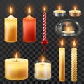 Candle fire. Wax candles for xmas party, romantic heat candlelight and flaming nightlight vector symbol Royalty Free Stock Photo