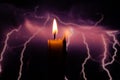Candle flame on blurred background spark of lightning close-up