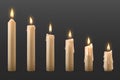 Candle flame. Burning realistic 3D wax candle, different Christmas birthday church and party glowing candles. Vector