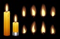 Candle flame. Burning wax candles lights and flames. Fire candlelight isolated on black background. Vector warm lighting Royalty Free Stock Photo
