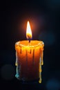 Candle Flame, A close-up view of a single candle\'s light and flame against a black background, creating a warm and inviting Royalty Free Stock Photo