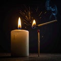 Candle Flame Igniting a Match with Sparks Royalty Free Stock Photo