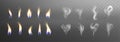 Realistic set of candle flame lights and smoke steam