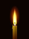 Candle flame. Realistic vector burning paraffin candle on a black background