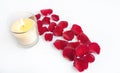A candle flame with scattered red rose petals is lit on a white background. Royalty Free Stock Photo