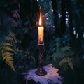 Candle flickers amidst mystical forest, evoking occult enchantment