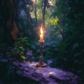Candle flickers amidst mystical forest, evoking occult enchantment
