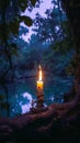 Candle flickers amidst mystical forest, evoking occult enchantment