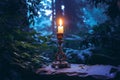 Candle flickers amidst mystical forest, evoking occult enchantment