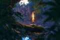 Candle flickers amidst mystical forest, evoking occult enchantment