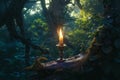 Candle flickers amidst mystical forest, evoking occult enchantment