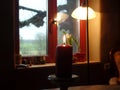 Candle in front of window Royalty Free Stock Photo