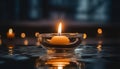 A candle in a glass bowl candle holder is reflected Royalty Free Stock Photo