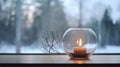 Candle in a glass candleholder on a windowsill, with snowy landscape seen through the window. Generative AI