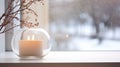 Candle in a glass candleholder on a windowsill, with snowy winter landscape and trees seen through the window. Generative AI