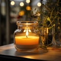 Candle glass jar with burning candle. Home decor and accent pieces. Interior design of modern living room