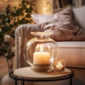 Candle glass jar with burning candle. Home decor and accent pieces. Interior design of modern living room