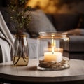 Candle glass jar with burning candle. Home decor and accent pieces. Interior design of modern living room