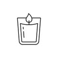 Candle in glass. Linear icon of aromatic accessory for cozy home, spa salon. Black simple illustration of aromatherapy, homeliness