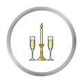 Candle between glasses with champagne icon in cartoon style isolated on white background. Restaurant symbol stock vector Royalty Free Stock Photo