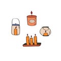 Candle hand drawn set. Interior cozy elements. Flat doodle vector illustration Royalty Free Stock Photo