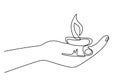 Candle in hand one line illustration. Human hands holding a memory candle in the palms. Burning candle in hands. Minimalism vector Royalty Free Stock Photo