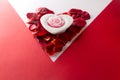 Candle heart on the heart of rose petals corner red white background Royalty Free Stock Photo